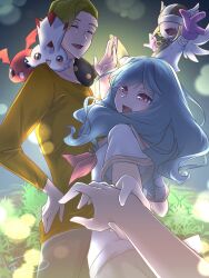  1girl 3boys angel angel_wings asymmetrical_hair blouse blue_eyes blush botamon brown_hair closed_eyes covered_eyes curimon digimon digimon_(creature) digimon_beatbreak digimon_on_shoulder fang fireflies gloves grass grey_hair grey_pants grey_sailor_collar grey_skirt hand_grab hand_on_own_hip hand_up happy haribuchi helmet helmet_over_eyes highres horns jyarimon karina_(digimon) long_hair long_sleeves looking_at_viewer luxmon minoru_(digimon) multiple_boys neckerchief night open_mouth out_of_frame outdoors pants pink_eyes pink_neckerchief pov pov_hands purple_gloves sailor_collar sawashiro_kyo school_uniform serafuku shirt short_hair short_sleeves sidecut signature single_horn skirt smile solid_circle_eyes undercut white_shirt winged_helmet wings yellow_eyes yellow_shirt zipper zipper_pull_tab 