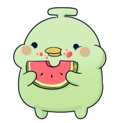  antennae blush colored_skin copyright_request dooby eating fat food food_bite fruit green_skin happy holding holding_food kippu_(dooby) melon phdpigeon plump standing 