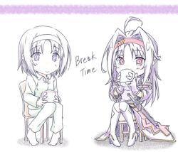  2girls ahoge alternate_hair_color armor asagi501 bare_shoulders barefoot blush boots breastplate chibi closed_mouth commentary_request cup detached_sleeves drinking english_text fingerless_gloves full_body gloves hair_intakes hairband high_heel_boots high_heels holding holding_cup knee_boots konno_yuuki_(sao) leotard long_hair long_skirt long_sleeves medium_hair merchandise_available messy_hair mug multiple_girls obsidian_slasher on_stool pants pointy_ears purple_armor purple_boots purple_gloves purple_hair purple_leotard purple_skirt purple_sleeves red_eyes red_hairband red_skirt scabbard sheath sheathed shirt sidelocks simple_background sitting skirt smile stool sword sword_art_online time_paradox two-tone_skirt violet_eyes weapon white_background white_hairband white_pants white_shirt yellow_trim yuuki_(sao) 