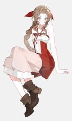  1girl absurdres aerith_gainsborough bare_arms bare_shoulders boots braid braided_ponytail breasts brown_hair commentary dress final_fantasy final_fantasy_vii final_fantasy_vii_remake full_body green_eyes grey_background hair_ribbon halter_dress halterneck highres invisible_chair long_dress long_hair looking_at_viewer medium_breasts official_alternate_costume parted_bangs pink_dress red_dress red_ribbon ribbon sidelocks single_braid sitting sleeveless sleeveless_dress solo wavy_hair wintercoming42 