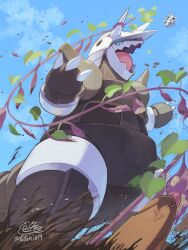  absurdres aggron anger_vein blue_eyes clouds commentary_request day diglett from_below highres no_humans open_mouth outdoors pokemon pokemon_(creature) pokemon_focus signature sky tatsumi_(panneko) twitter_username 