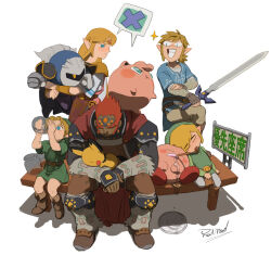  1girl 5boys assemblerones blonde_hair blush champion's_tunic_(zelda) closed_eyes commentary_request dress ganondorf gerudo grin holding holding_sword holding_weapon hug jigglypuff kirby kirby_(series) left-handed link long_hair mask master_sword meta_knight milk multiple_boys open_mouth pichu pointy_ears pokemon pokemon_(creature) pokemon_firered_and_leafgreen ponytail princess_zelda red_hair shield short_hair simple_background sitting sleeping smile super_smash_bros. sword tail the_legend_of_zelda the_legend_of_zelda:_breath_of_the_wild the_legend_of_zelda:_majora's_mask the_legend_of_zelda:_ocarina_of_time the_legend_of_zelda:_the_wind_waker toon_link triforce tunic weapon wings young_link 