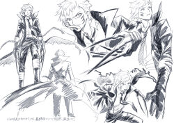  1boy 1hara_nobu asymmetrical_bangs belt black_belt black_coat black_pants bungou_stray_dogs choppy_bangs clawed_gloves coat collared_shirt commentary_request dress_shirt facial_mark greyscale highres long_claws long_sleeves monochrome multiple_views nakajima_atsushi_(bungou_stray_dogs) necktie open_clothes open_coat pants popped_collar shirt short_hair torn_clothes torn_coat white_hair white_shirt wing_collar 