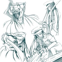  1boy arms_up bandaged_hand bandages canon_event commentary covered_mouth danganronpa_(series) danganronpa_v3:_killing_harmony english_commentary hat highres holding holding_saw holding_sword holding_weapon japanese_saw katana laurippo long_hair long_sleeves male_focus mask mouth_mask multiple_views saw shinguji_korekiyo simple_background spoilers sword weapon white_background zipper 