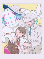  1boy 1girl :d blacephalon blue_necktie book border brown_eyes chikafuji closed_eyes coat collared_shirt commentary_request emmet_(pokemon) gloves grey_hair hat highres holding holding_book juliana_(pokemon) looking_at_another naranja_academy_school_uniform necktie open_mouth orange_necktie peaked_cap pokemon pokemon_(creature) pokemon_black_and_white pokemon_scarlet_and_violet school_uniform shirt short_hair short_sleeves simple_background smile standing upper_body white_border white_coat white_gloves white_hat white_shirt yellow_background 