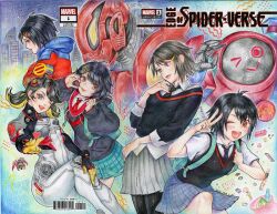  >_o 5girls :> backpack bag black_hair black_hoodie black_necktie black_sweater black_sweater_vest commentary_request finger_heart heart hood hooded_coat hoodie in-franchise_crossover jurithedreamer marvel marvel_rivals marvel_tokon:_fighting_souls mecha mecha_pilot_suit multiple_girls multiple_persona necktie one_eye_closed peni_parker pleated_skirt red_necktie robot skirt smile sp//dr sp//dr_(spider) spider-man:_across_the_spider-verse spider-man:_into_the_spider-verse spider-man_(series) spider-verse sweater sweater_vest v 