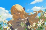  1girl absurdres aurore_lee blonde_hair blue_eyes blue_ribbon blue_sky choker circle_of_inevitability clear_sky clouds flower highres lips long_hair looking_at_viewer lord_of_the_mysteries mriyak outdoors parted_lips ribbon shaded_face shirt sky smile solo teeth white_shirt wind 