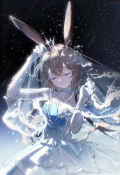  1girl absurdres aligaduo_jieyangyangsang ambience_synesthesia amiya_(ambience_synesthesia_2025)_(arknights) amiya_(arknights) animal_ears arknights arm_up bare_shoulders blue_choker brown_hair choker closed_eyes closed_mouth crown dress elbow_gloves gloves hair_between_eyes highres holding_veil jewelry layered_dress long_hair multiple_rings official_alternate_costume rabbit_ears rabbit_girl ring ring_on_every_finger see-through_clothes see-through_veil shooting_star sidelocks sky smile solo star_(sky) starry_sky upper_body veil very_long_hair white_dress white_gloves 