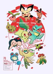  1girl 1other :d antennae aqua_eyes bellossom bird blue_fur bright_pupils brown_fur celebi chikafuji chikorita colored_skin commentary_request cyndaquil fairy_wings flying full_body green_skin highres hoppip larvitar leaf looking_at_another marill natu open_mouth pichu poke_ball pokemon pokemon_(creature) pokemon_day pokemon_focus red_eyes sentret sharp_teeth simple_background smile teeth totodile white_background white_pupils wings yellow_fur 