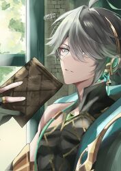  1boy alhaitham_(genshin_impact) artist_name bad_id bad_twitter_id bare_shoulders black_gloves black_shirt book cape collared_shirt genshin_impact gloves green_cape green_eyes grey_hair hair_over_one_eye hand_up high_collar highres holding holding_book looking_at_viewer male_focus messy_hair partially_fingerless_gloves riza_(tomoriza_25252) shirt short_hair signature skin_tight solo upper_body watermark 