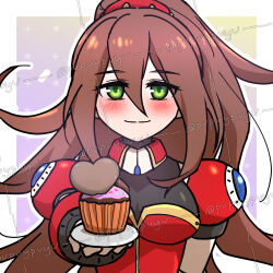 1girl absurdres blush brown_hair closed_mouth commentary cupcake english_commentary food green_eyes hair_between_eyes highres holding holding_plate iris_(mega_man) iris_-another-_(mega_man) long_hair looking_at_viewer mega_man_(series) mega_man_x_(series) mega_man_x_dive plate ponytail pupuypuyu robot_girl sample_watermark smile solo twitter_username upper_body watermark 
