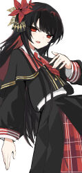  1girl armband black_capelet black_hair black_shirt black_skirt capelet collared_shirt cowboy_shot crown flower hair_flower hair_ornament highres layered_skirt long_hair long_skirt long_sleeves looking_at_viewer mahou_shoujo_no_majo_saiban mini_crown necktie nikaido_hiro overskirt pleated_skirt red_armband red_eyes red_flower red_necktie red_skirt shirt side_capelet sig_(illust_sig) simple_background skirt solo white_background white_shirt 