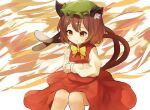  1girl abstract_background animal_ear_fluff animal_ears ar_(maeus) bow bowtie breasts brown_eyes brown_hair cat_ears cat_tail chen earrings feet_out_of_frame hat jewelry knees_together_feet_apart mob_cap multiple_tails nekomata petite simple_background single_earring sitting small_breasts solo tail touhou two_tails yellow_bow yellow_bowtie 