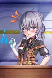 ... 1girl artist_name black_shirt braid braided_base bronya_zaychik bronya_zaychik_(haxxor_bunny) bronya_zaychik_(old_times) brown_overalls bun_with_braided_base character_name commentary english_commentary gloves grey_eyes grey_hair hair_between_eyes hair_bun hand_on_own_hip hand_up highres honkai_(series) honkai_impact_3rd id_card indoors looking_at_screen necktie overalls puffy_short_sleeves puffy_sleeves shirt short_hair short_sleeves sidelocks signature single_hair_bun solo standing strap_slip textless_version upper_body video_game_dialogue_box white_gloves zero130rider 