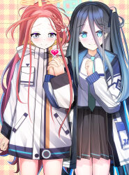  2girls absurdres aris_(blue_archive) arm_at_side black_hair black_hairband black_skirt blue_archive blue_eyes blue_halo blue_necktie blush bow braid bright_pupils clenched_hand closed_mouth coat collared_shirt commentary cowboy_shot double-parted_bangs dress_shirt forehead grey_eyes hair_between_eyes hair_bow hairband halo heart highres holding_hands interlocked_fingers long_hair long_hair_between_eyes looking_at_viewer millennium_science_school_logo miniskirt multiple_girls necktie one_side_up orange_halo parted_bangs plaid_background pleated_skirt rectangular_halo red_hair ringed_eyes school_uniform shirt side_braid simple_background single_braid skirt smile split_mouth straight_hair very_long_hair white_bow white_coat white_pupils white_shirt xiexianglg yuri yuzu_(blue_archive) 
