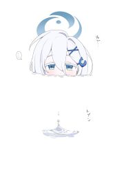  ... 1girl blue_archive blush colored_eyelashes commentary_request dolphin_hair_ornament double-parted_bangs green_eyes hair_between_eyes hair_ornament head_only highres long_hair looking_at_viewer mouth_submerged partially_submerged ripples sayuri_(blue_archive) simple_background solo sound_effects speech_bubble spoken_ellipsis water_drop white_background white_eyelashes white_hair x_hair_ornament yamichi_(yamichi8369) 