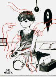  1boy 4423_c antenna_hair artist_name black_socks black_tank_top closed_mouth commentary expressionless highres holding holding_knife imminent_suicide kneehighs knife light_bulb male_focus omori omori_(omori) seiza short_hair shorts sitting socks solo something_(omori) striped_clothes striped_shorts tank_top vertical-striped_clothes vertical-striped_shorts white_shorts 