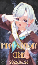  1girl :d birthday_sash black_background blue_eyes blue_neckerchief brown_dress ceras_yanagida_lilienfeld commentary_request cowboy_shot dated dress hair_ribbon hasu_no_sora_school_uniform highres long_sleeves looking_at_viewer love_live! love_live!_hasu_no_sora_jogakuin_school_idol_club neckerchief open_mouth pink_ribbon pleated_dress reitou_mkn ribbon sailor_collar sailor_dress sash school_uniform shoulder_sash signature smile solo v v-shaped_eyebrows v_over_eye virtual_youtuber white_hair white_sailor_collar winter_uniform 