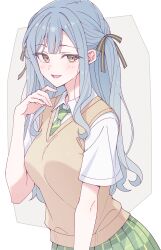  1girl bang_dream! bang_dream!_it's_mygo!!!!! black_ribbon blue_hair blush breasts brown_sweater_vest commentary diagonal-striped_clothes diagonal-striped_necktie e20 green_skirt hair_ribbon haneoka_school_uniform highres long_hair medium_breasts necktie open_mouth pleated_skirt ribbon school_uniform sidelocks skirt solo striped_clothes striped_necktie sweater_vest togawa_sakiko two_side_up yellow_eyes 
