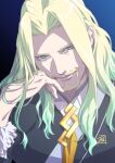  1boy beard blonde_hair blue_background blue_eyes facial_hair fate/grand_order fate_(series) fur-trimmed_sleeves fur_trim goatee hand_on_own_face long_hair long_sleeves looking_at_viewer male_focus ryuuki_garyuu signature simple_background smile vlad_iii_(fate/apocrypha) 