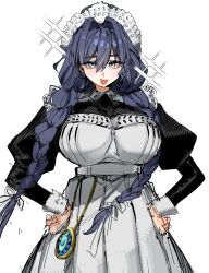  1girl apron black_dress blue_eyes blue_hair braid breasts dress embroidered_dress embroidery frilled_hat frills hair_intakes hat high-waist_dress highres hololive hololive_english large_breasts long_hair long_sleeves looking_at_viewer low_twin_braids maid maid_apron milky_leo mob_cap official_alternate_costume official_alternate_hairstyle ouro_kronii ouro_kronii_(maid) pocket_watch solo twin_braids victorian_maid virtual_youtuber watch white_apron 