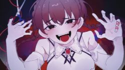  1girl armpit_crease bare_shoulders bell_sleeves black_eyes blush braid braided_twintails breasts brooch brown_hair close-up commentary_request crazy_smile crown_braid dark_background demons_roots demons_roots_(series) detached_sleeves empty_eyes gem heart heart-shaped_pupils highres holding holding_scissors jewelry lily_killer long_hair looking_at_viewer medium_breasts open_mouth red_gem scissors see-through_clothes sharp_teeth smile solo string string_of_fate symbol-shaped_pupils tccar22 teeth twin_braids 