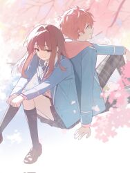  1boy 1girl akehoshi_subaru anzu_(ensemble_stars!) arm_on_knee black_socks blazer blue_eyes blue_jacket brown_hair brown_shoes cherry_blossoms clenched_hands closed_mouth commentary ensemble_stars! falling_petals grey_pants grey_skirt hair_between_eyes hair_intakes highres invisible_floor jacket kneehighs knees_together_feet_apart lapels long_hair long_sleeves looking_ahead looking_at_viewer macha766 notched_lapels orange_hair pants petals pink_petals school_uniform shoes short_hair sitting skirt smile socks yumenosaki_school_uniform 