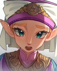  1girl absurdres blonde_hair commentary dress english_commentary green_eyes hat highres karin_la_galleta looking_at_viewer open_mouth pointy_ears portrait princess_zelda the_legend_of_zelda the_legend_of_zelda:_ocarina_of_time the_legend_of_zelda:_ocarina_of_time_(remake) triforce worried young_zelda 