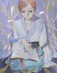 1other ambiguous_gender black_sclera blut2000 book colored_sclera gui_fa highres holding holding_book jigokuraku looking_at_object looking_down orange_eyes reading robe seiza short_hair sitting solo white_robe yellow_eyes 