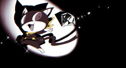  1other black_background commentary doran_(doran7280) full_body gem greyscale highres looking_at_viewer megami_tensei monochrome morgana_(persona_5) open_mouth persona persona_5 scarf simple_background solo spot_color spotlight white_background yellow_scarf 