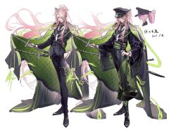  1boy belt belt_pouch black_boots black_hat black_jacket black_necktie black_pants black_shoes boots character_request coat commentary_request copyright_request cuso4_suiwabutu dress floating_hair full_body green_trim hair_ornament hair_over_one_eye hand_in_pocket hand_on_own_hip hat high_ponytail highres holding holding_sheath invisible_floor jacket kanzashi katana kimono_dress long_hair long_sidelocks multiple_swords necktie pants pink_hair police police_uniform ponytail pouch scabbard sheath sheathed shoes sidelocks standing sword translation_request tsumami_kanzashi two-sided_coat two-sided_fabric two-tone_dress variations very_long_hair weapon white_background wide_sleeves yellow_eyes 