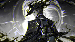  1boy arm_behind_back black_coat black_fire black_hat coat eclipse fire gun hat highres holding holding_gun holding_weapon hollow_(e.g.o) hollow_body limbus_company looking_at_viewer meursault_(project_moon) nishikujic project_moon smoke solo sun_print suppressor tricorne upper_body weapon 