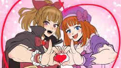  2girls absurdres black_cape blue_eyes blunt_bangs blush bow bowtie brown_hair cape choker dress eva_beatrice fangs grin hat hat_bow heart heart_hands heart_hands_duo highres kuya_(hey36253625) magical_girl multiple_girls official_alternate_costume orange_hair ougon_musou_kyoku pink_background pink_choker pink_dress pink_eyes ponytail purple_hat red_dress short_hair siblings sisters smile sparkle toned umineko_no_naku_koro_ni ushiromiya_rosa wrist_cuffs 