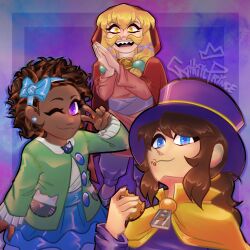  3girls :3 a_hat_in_time arm_at_side blonde_facial_hair blonde_hair blue_bow blue_eyes blue_hairband blue_skirt bow bow_hairband bow_kid brown_hair buttons cape child closed_mouth commentary cookie crumbs curly_hair dark-skinned_female dark_skin dress earrings english_commentary facial_hair food food_bite food_on_face frilled_sleeves frills gothiccprince green_jacket green_shoes hair_ornament hair_tie hairband hand_up hands_up hat hat_kid hat_ribbon highres holding holding_cookie holding_food hood hood_up hooded_cape jacket jewelry long_hair long_sleeves looking_at_viewer medallion multiple_girls mustache mustache_girl one_eye_closed open_mouth own_hands_together pants pink_dress ponytail purple_background purple_hat purple_jacket purple_pants purple_sash red_cape ribbon sash sharp_teeth shirt shoes short_hair sidelocks signature skirt smile star_(symbol) teeth top_hat upper_teeth_only v violet_eyes white_shirt yellow_cape yellow_eyes yellow_ribbon zipper_pull_tab 