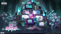  1girl aqua_jacket black_gloves black_hair black_shirt blue_eyes blue_shorts character_name copyright_logo copyright_name copyright_notice gloves hair_over_one_eye head_rest headphones highres jacket linko_(nte) logo looking_at_viewer neverness_to_everness official_art pink_socks red_eyes shirt shoes short_hair shorts socks solo speaker television two_side_up white_shoes xiaozhen_(nte) 