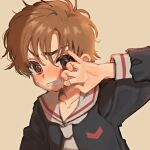  1boy @_@ blush brown_eyes brown_hair cardcaptor_sakura emitasu-sensei highres li_xiaolang male_child nervous sailor_collar school_uniform shadow simple_background solo sweat tomoeda_elementary_school_uniform white_sailor_collar 