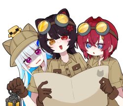  3girls :3 :d akuriru0000 alternate_costume ange_katrina animal_ear_helmet animal_ears animal_helmet animal_on_head bird bird_on_head blue_eyes blue_hair blush_stickers brown_gloves brown_hair brown_helmet brown_shirt collared_shirt colored_inner_hair crossed_bangs dog_ears flower gloves goggles goggles_on_head hair_between_eyes hair_flower hair_intakes hair_ornament hand_up helmet heterochromia highres holding holding_lantern inui_toko lantern lize_helesta long_hair looking_at_object medium_hair multicolored_hair multiple_girls nijisanji on_head open_mouth pith_helmet reading red_eyes red_hair sanbaka_(nijisanji) scared sebastian_piyodore shaded_face shirt short_sleeves sidelocks simple_background single_blush_sticker smile tearing_up tinted_eyewear turn_pale two-tone_hair variant_set violet_eyes virtual_youtuber white_background white_hair yellow-tinted_eyewear yellow_eyes 