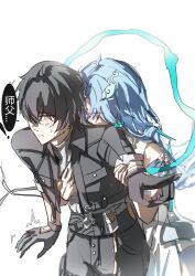 1boy 1girl absurdres ascendant black_hair black_jacket blue_hair blush chinese_commentary closed_eyes commentary_request covered_navel dress earrings fiery_horns fingernails forehead_tattoo hair_ornament hair_stick hand_up highres horns jacket jewelry long_hair male_rover_(wuthering_waves) open_mouth parted_bangs qingxiao_(wuthering_waves) rover_(wuthering_waves) star_(symbol) tattoo thigh-highs white_dress white_thighhighs wuthering_waves yellow_pupils 