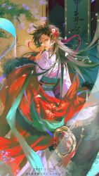  1girl absurdres black_hair blue_eyes character_name confetti curtained_hair dated flower from_behind fur-trimmed_robe fur_trim hair_between_eyes hair_flower hair_ornament highres japanese_clothes jishikou kimono long_hair long_sleeves magic_kaito nakamori_aoko obi parted_lips pink_kimono red_flower red_ribbon red_robe ribbon robe sash solo wide_sleeves 