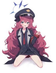  1girl :3 :d arm_behind_back armband black_bow black_coat black_hat black_shirt black_skirt blue_archive blue_halo blush bow clenched_hand coat collared_shirt commentary crossed_bangs fluffy_hair full_body grey_eyes hair_between_eyes hair_bow halo hand_up hat highres iroha_(blue_archive) kneeling long_hair looking_at_viewer miniskirt necktie open_clothes open_coat open_mouth peaked_cap pencil_skirt red_armband red_hair red_necktie shirt simple_background skirt slit_pupils smile solo thighs toiuwake8140 very_long_hair white_background 