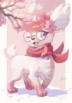  :3 alternate_color alternate_shiny_pokemon animal_focus artist_name blush cherry_blossoms clothed_pokemon commentary commission english_commentary flower full_body glasses hair_flower hair_ornament happy highres ikei looking_at_viewer no_humans one_eye_closed open_mouth pince-nez pink_background pink_flower pink_hair pokemon pokemon_(creature) purple-framed_eyewear red_scarf round_eyewear scarf shaymin shaymin_(land) short_hair signature simple_background smile solo standing violet_eyes 