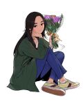  1girl absurdres bdpp beautiful_gunbari black_eyes bouquet coat denim full_body green_coat hand_on_own_cheek hand_on_own_face highres jeans knee_up long_hair long_sleeves pants shoes sitting smile sneakers solo white_background 