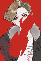  1boy ankh_(ooo) brown_hair curtained_hair fur_trim hand_up highres kamen_rider kamen_rider_ooo_(series) male_focus nezuiq red_background red_eyes simple_background solo upper_body 