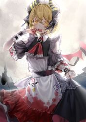  1girl apron black_dress blonde_hair blush bow commentary demon_girl demon_horns demon_tail demon_wings don_quixote_(project_moon) dress frills highres holding horns limbus_company looking_at_viewer maid maid_apron maid_headdress open_mouth project_moon puffy_sleeves short_hair simple_background smile solo tail untranslatable_commentary white_apron wings xliliumlily yellow_eyes 