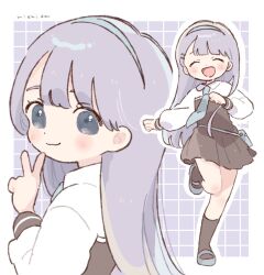  1girl :3 :d ^_^ bag black_dress black_socks blue_background blue_eyes blue_necktie blue_shoes blush border closed_eyes closed_mouth collared_shirt commentary dot_nose dress facing_viewer full_body grid_background hand_up kneehighs long_hair long_sleeves looking_at_viewer multiple_views necktie nishida_yume open_mouth original outline outside_border pleated_dress purple_hair shirt shoes smile socks standing standing_on_one_leg strapless strapless_dress untranslatable_commentary v white_border white_outline white_shirt 