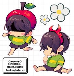  1other aged_down apple artist_name barefoot blush_stickers brown_hair brown_shorts child commentary_request deltarune fake_horns finger_to_own_chin flower food food-themed_hat fruit full_body green_shirt grid_background hairband halftone horn_hairband horns kris_(deltarune) leaf multiple_views no_eyes other_focus red_hairband repikinoko running shaded_face shirt short_hair shorts sidelocks sitting striped_clothes striped_shirt twitter_username two-tone_shirt utdr_(toby_fox) white_background white_flower yurie_mouth 