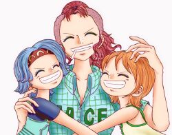  3girls adoptive_parent_and_adoptive_child adoptive_siblings aged_down bellemere blue_hair child cigarette closed_eyes clothes_writing collared_shirt commentary_request curtained_hair eyelashes green_shirt grin headband highres kiakawatsuji mohawk mother_and_child mother_and_daughter multiple_girls nami_(one_piece) nojiko_(one_piece) one_piece orange_hair parent_and_child red_hair red_headband shirt short_sleeves siblings sidelocks simple_background sisters smile teeth twitter_username v-shaped_eyebrows white_background 
