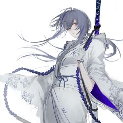  1girl 72 72_qishier bell black_hair blue_streaks bow floral_print gloves grey_hair hair_between_eyes highres holding japanese_clothes kimono limbus_company long_bangs long_hair long_sleeves looking_at_viewer multicolored_hair obi ootachi project_moon red_eyes rope sash scabbard sheath sheathed shimenawa shiomi_yoru_(project_moon) shiromuku simple_background snowflake_print solo streaked_hair sword sword_on_back uchikake upper_body wataboushi weapon weapon_on_back white_background white_kimono wide_sleeves 