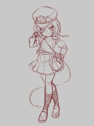  1girl asymmetrical_hair closed_mouth contrapposto full_body greyscale hat highres holding holding_whip looking_at_viewer monochrome peaked_cap sharpbraids shiki_eiki shiki_eiki_(supreme_judge_of_the_flower_garden) shoes short_hair simple_background sketch skirt socks solo touhou touhou_lostword whip 