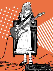  1girl ainousoko apron artist_name black_dress black_shoes cable character_request closed_mouth commentary_request copyright_request dress effects_pedal electric_guitar glasses grey_hair greyscale_with_colored_background guitar highres holding holding_plectrum instrument juliet_sleeves long_sleeves looking_at_viewer maid maid_apron maid_headdress medium_hair orange_background playing_guitar playing_instrument plectrum polka_dot polka_dot_background puffy_sleeves shoes simple_background smile socks solo swept_bangs white_apron white_socks white_wrist_cuffs wrist_cuffs 